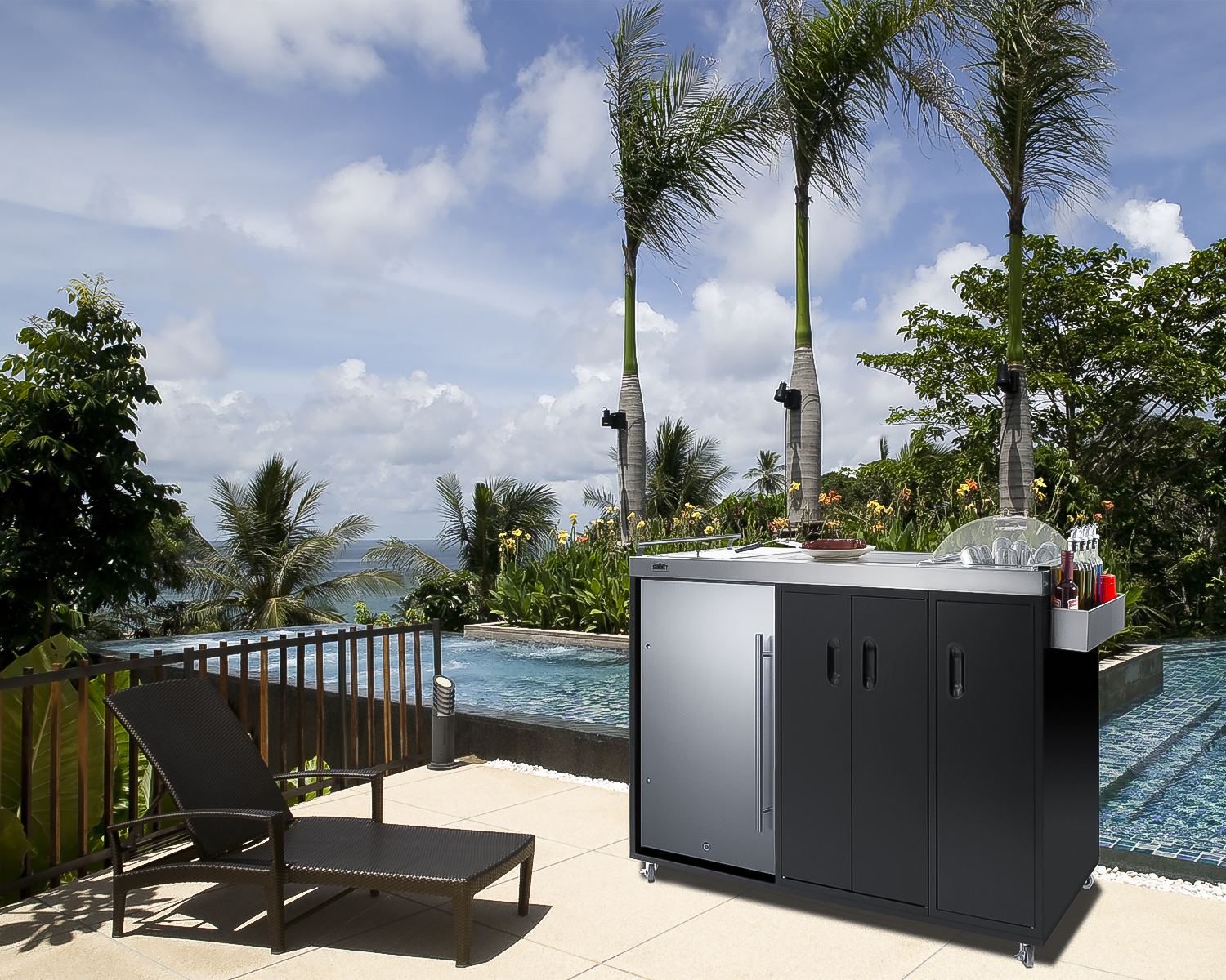 Mobile outdoor serving station with refrigerator, sink, storage cabinet, and slide-out waste bins